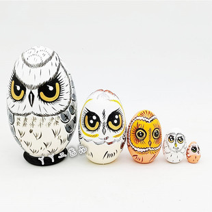 五层蛋形猫头鹰动物俄罗斯套娃娃儿童益智木制玩具工艺礼品礼物