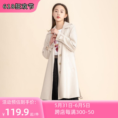 风迪品牌折扣春季新款女翻领收腰仿皮衣韩版中长风衣外套1Y35024