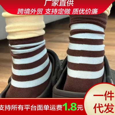 韩系 ins春秋潮流少女撞色拼接双螺口堆堆袜时尚多巴胺条纹中筒袜