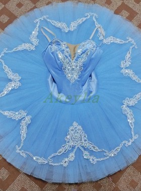 浅蓝色芭蕾舞裙tutu银色装饰比赛演出艺术橱窗展示7层硬纱橙色