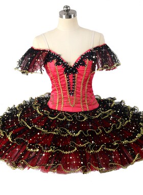 Jina Dance堂吉诃德tutu黑红色国际比赛儿童量身定制三层闪亮片