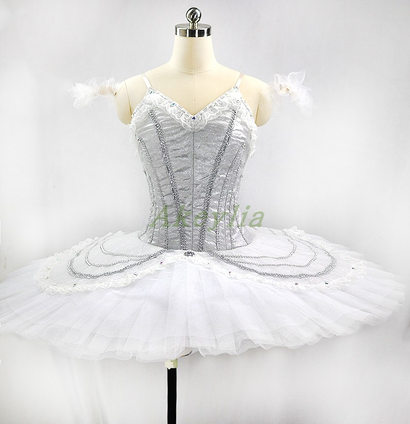 Akeylia 银白色芭蕾盘裙仙女量身定制成人专业比赛演出服11层硬纱