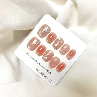 甲片穿戴式 春夏新款 纯手工穿戴甲腮红樱花金边温柔浪漫美甲短款