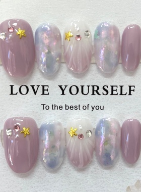 春日新款手工穿戴甲超短梯椭圆紫色手绘花花百搭日常美甲