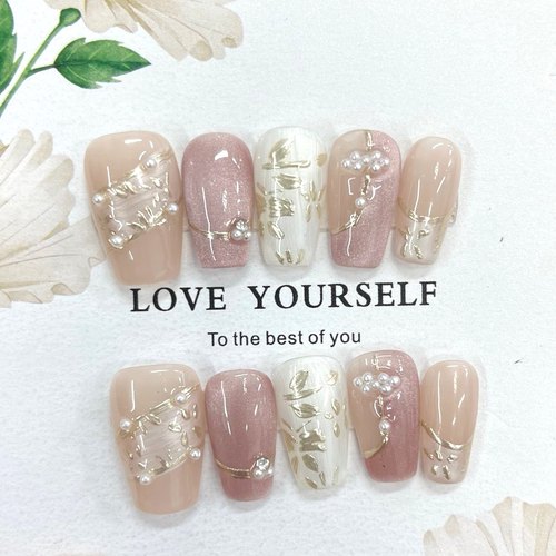 新中式旗袍穿戴甲纯手工超短梯短梯甲型气质中国风落花跳色简约