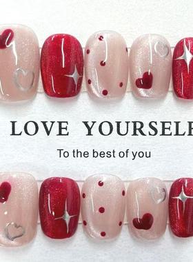 秋冬纯手工红色自然穿戴甲短梯新年美甲显白不易掉简约甲片现货