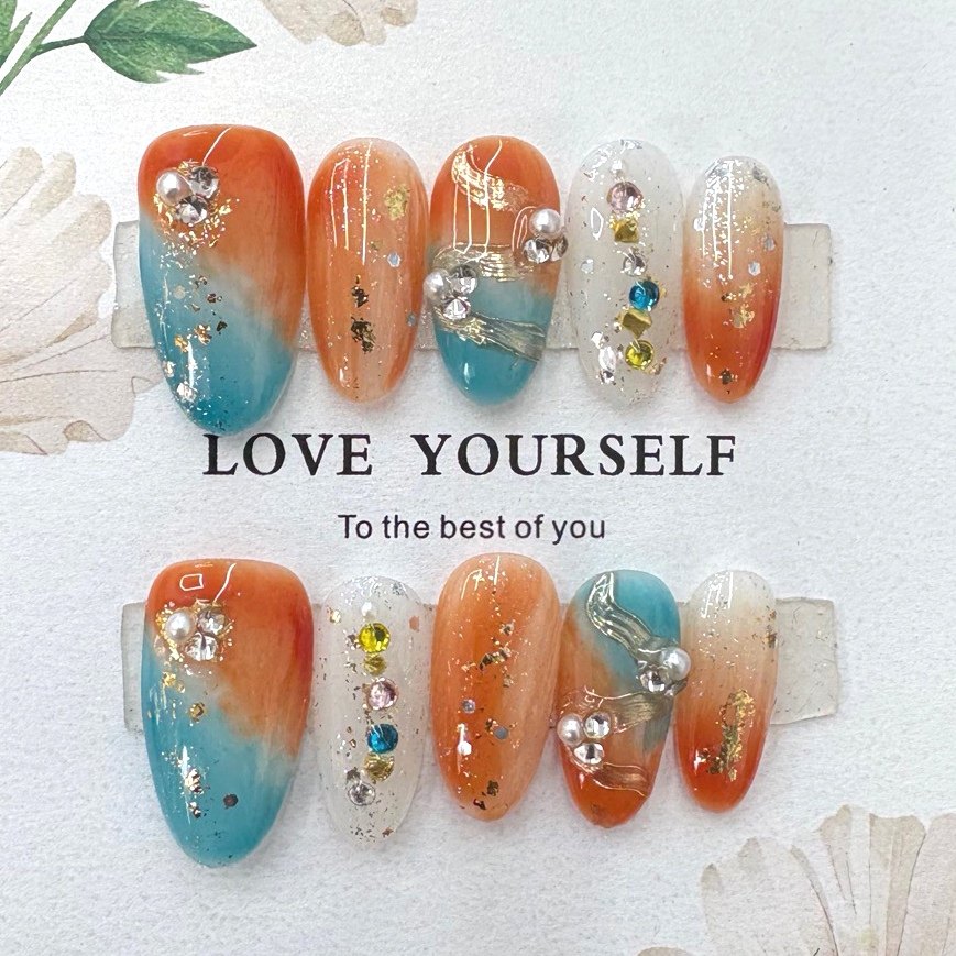 新款纯手工穿戴甲长款杏仁甲敦煌落日渐变显白显手长美跳舞甲