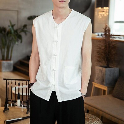 夏季复古中国风盘扣棉麻背心男唐装汉服汗衫青年无袖衬衫休闲坎肩