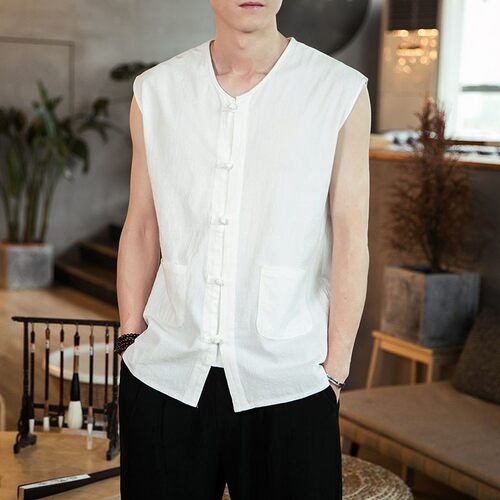 夏季复古中国风盘扣棉麻背心男唐装汉服汗衫青年无袖衬衫休闲坎肩