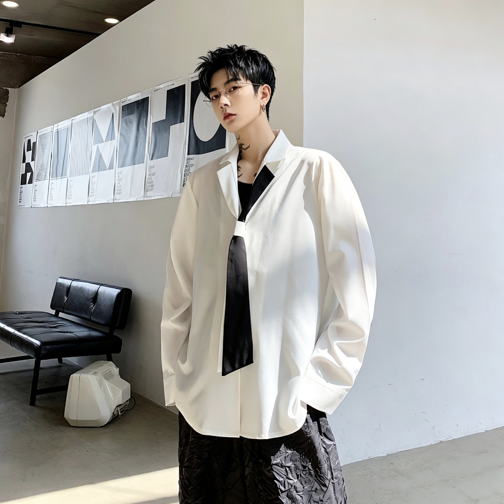 山本风拼色领带痞帅男士衬衫