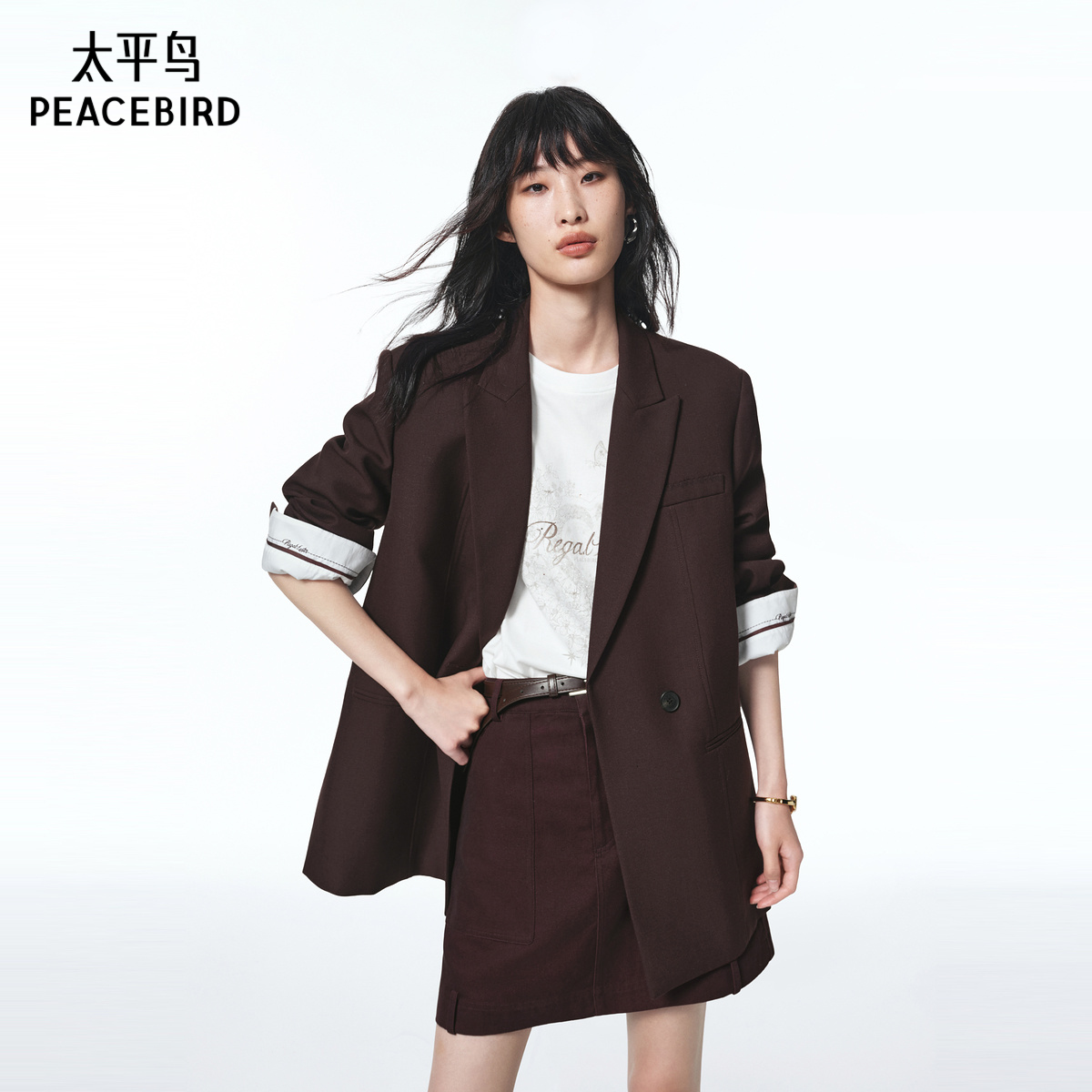 【商场同款】太平鸟黑金西装25新款无花果紫西装外套女A1BAF3519