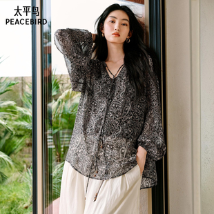 太平鸟Lea Woo联名复古佩斯利腰果满版印花长袖衬衫夏新雪纺上衣