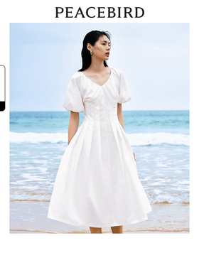 太平鸟女装法式优雅连衣裙夏款V领茶歇裙时尚度假白色收腰长裙