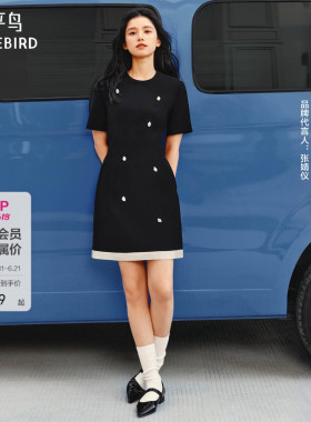 【张婧仪同款】太平鸟黑珍珠夏MINGMA联名收腰连衣裙短A1FAF2184