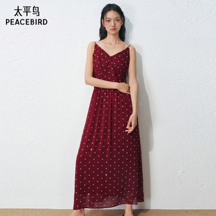 商场同款太平鸟红色波点连衣裙女夏季V领吊带裙度假长裙A1FAG2729