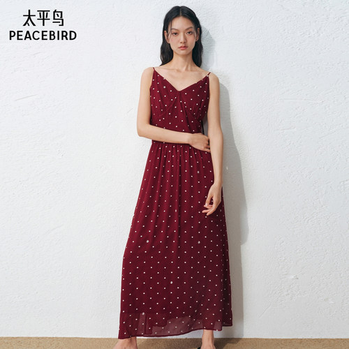 商场同款太平鸟红色波点连衣裙女