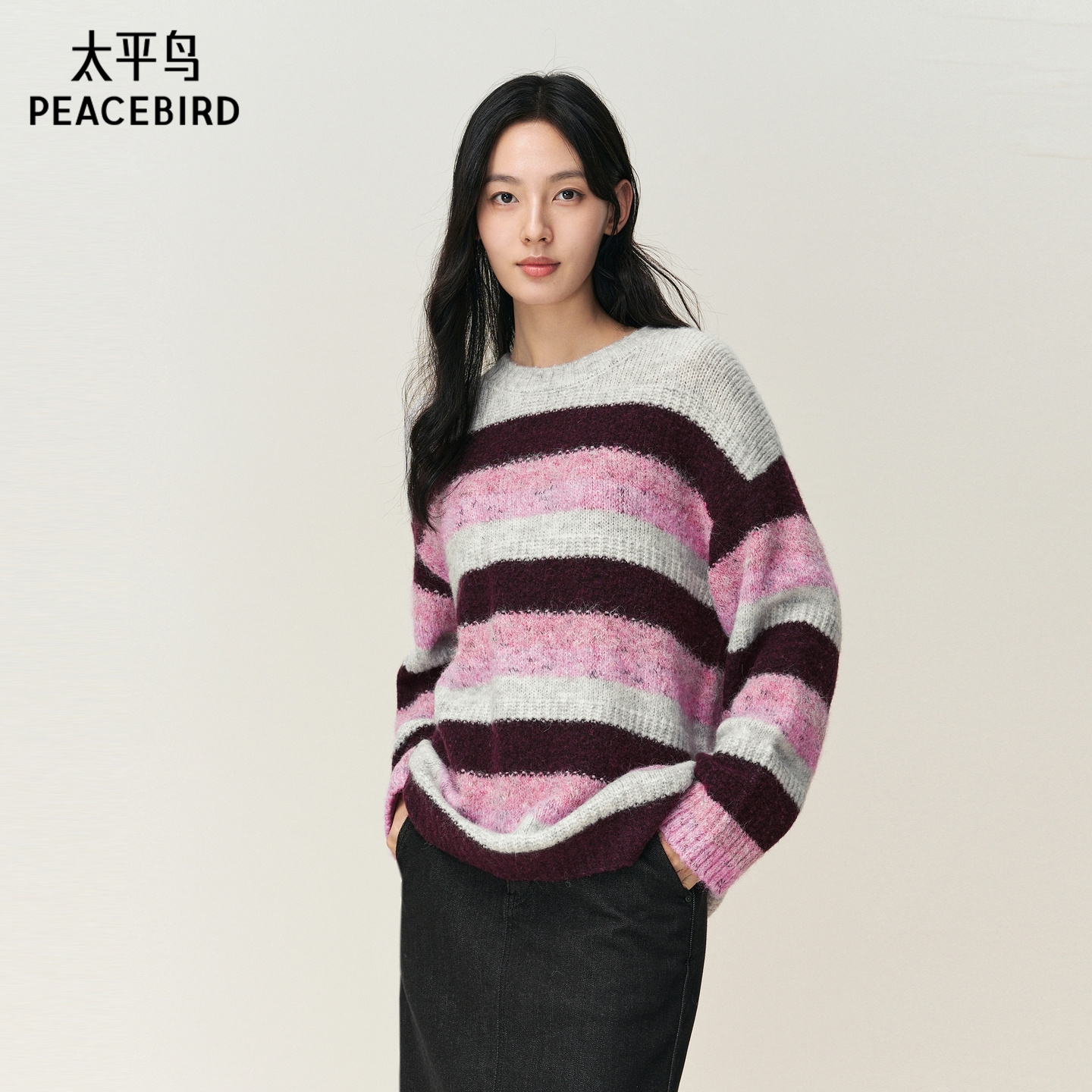 【商场同款】太平鸟冬季新款马海毛混纺宽松条纹针织衫A3EEF4614