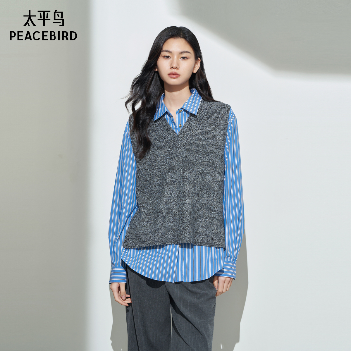太平鸟年冬季新款品质两件套条纹衬衫A1CAE4480