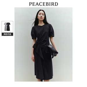 太平鸟不规则荷叶边连衣裙夏季款圆领泡泡袖长裙设计感收腰裙子