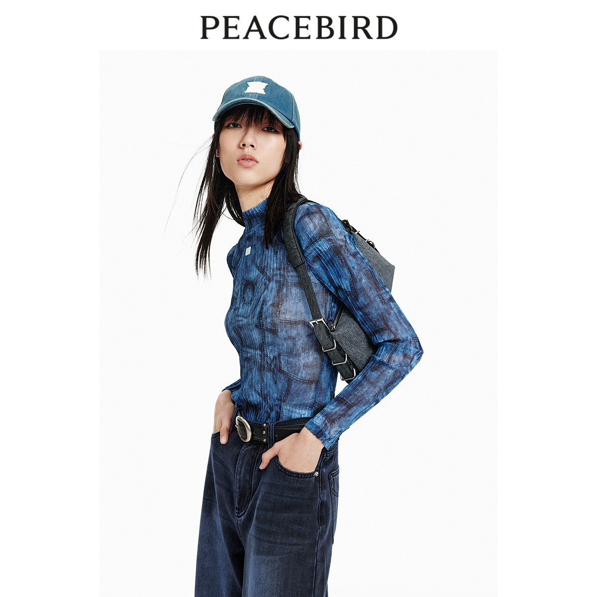 【商场同款】太平鸟女装2024年夏季新款仿牛仔印花上衣A3CDE