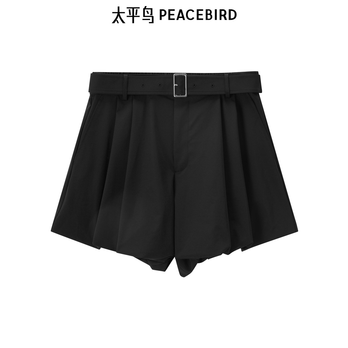 太平鸟高腰黑色短裤2026年春季时尚附带腰带阔腿直筒休闲中短裤女