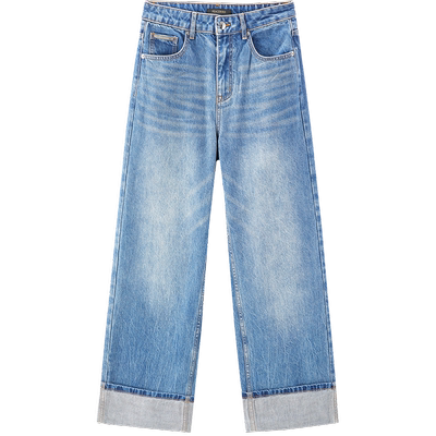 太平鸟女装秋季款翻脚口直筒牛仔裤A1HAE3428