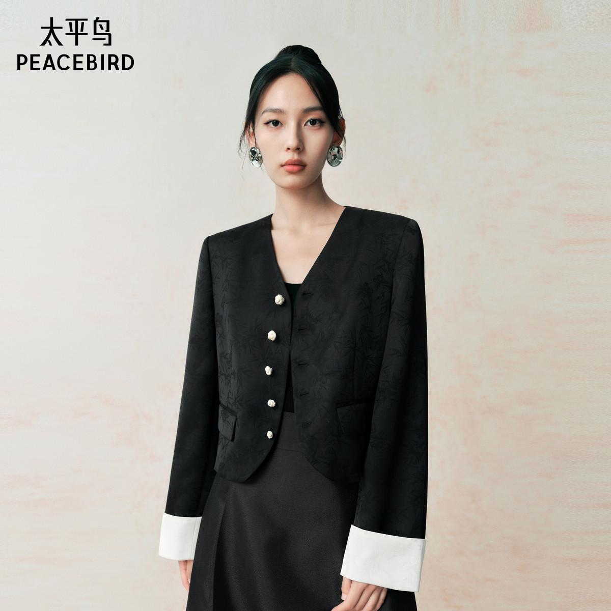 【断码秒杀】太平鸟 青玉枝 新中式翻袖国风提花外套女秋季短款