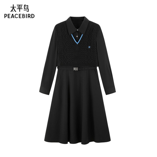 太平鸟长裙年冬季款毛衫拼接衬衫连衣裙A1FAE4432
