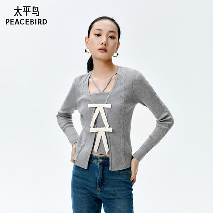 太平鸟女装春季款假两件绑带套头衫时尚针织上衣A1EEE1603