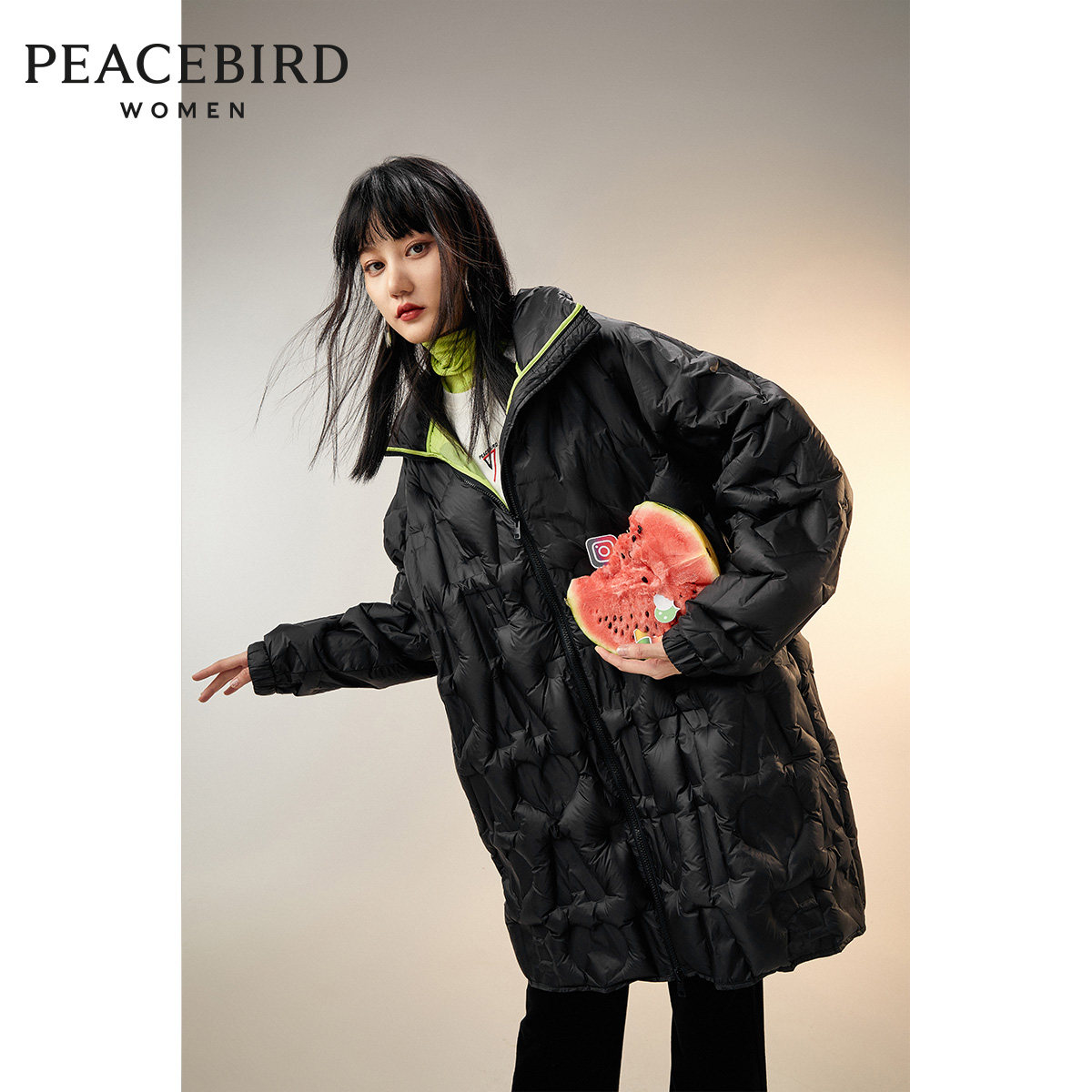 2#【戚薇明星同款】太平鸟黑色立领羽绒服中长款白鸭绒时尚外套