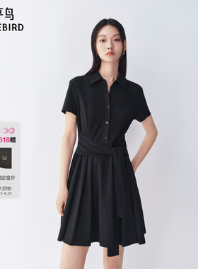 【商场同款】太平鸟衬衫连衣裙女夏新款黑色通勤百褶裙A3FAG2463