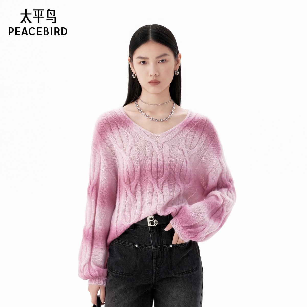 太平鸟女装年秋冬款晕染绞花线套衫A1EBE414