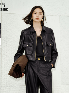 太平鸟黑色正肩仿蛋白PU皮衣外套女2025款高级感翻领夹克女#