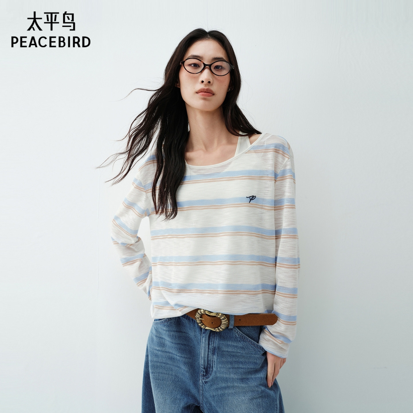 太平鸟 宽松条纹罩衫26夏季新款可拆卸莱赛尔背心长袖T恤两件套