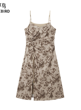 太平鸟2025年冬季款法式印花吊带连衣裙A1FAE4344