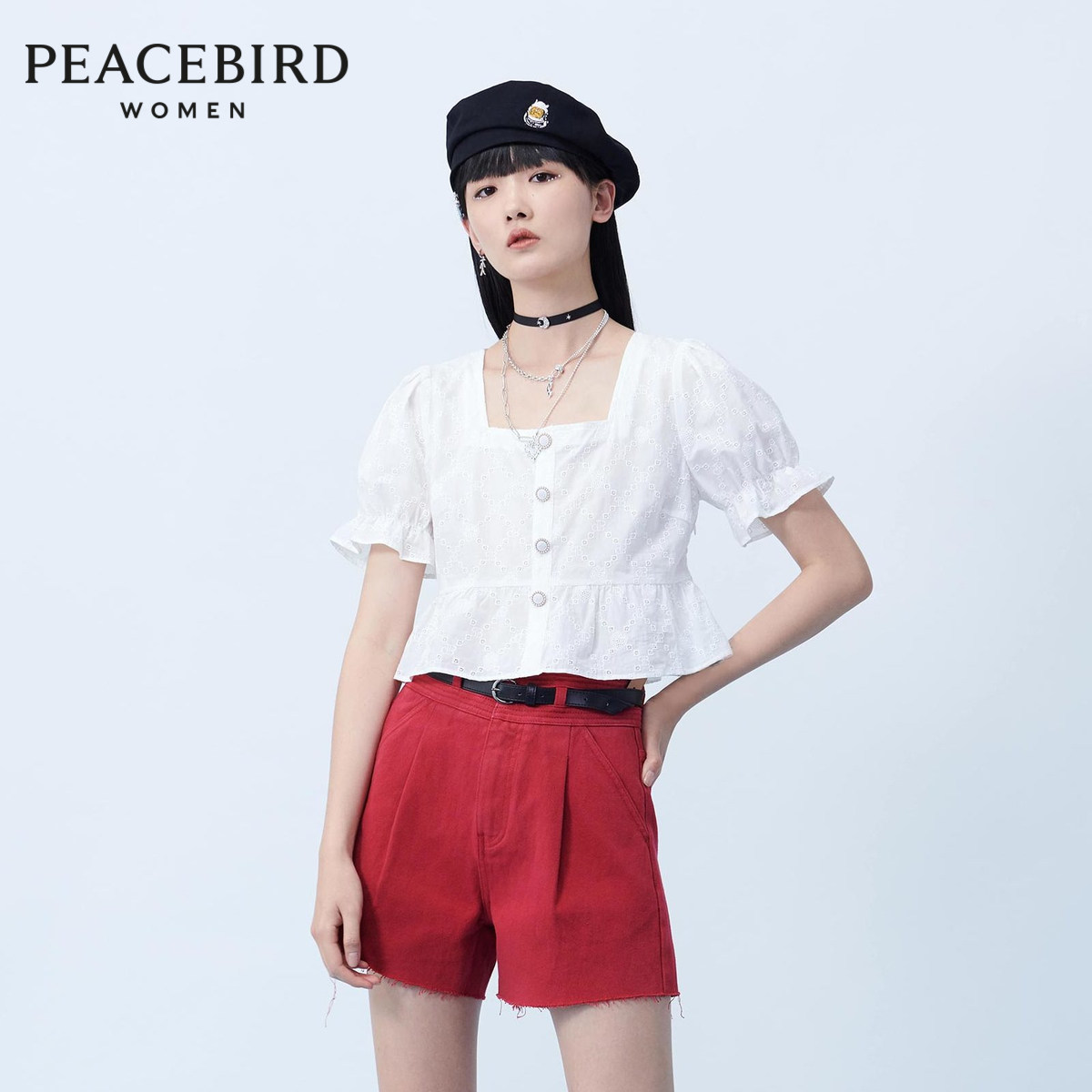 【商场同款】太平鸟2020夏季新款淑女复古方领薄款衬衫A1CDA2661