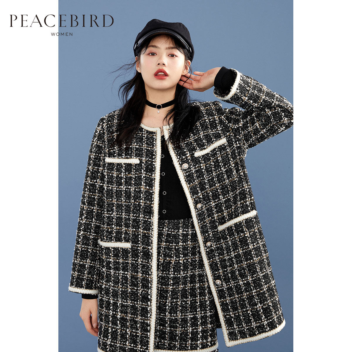 太平鸟小香风粗花毛呢外套女冬装2019新款气质大衣女中长款