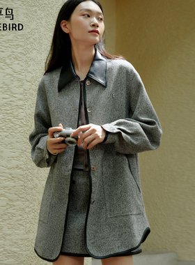 太平鸟女装冬季款花灰PU包边大衣A1AAE4191