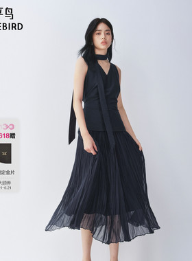【商场同款】太平鸟法式V领连衣裙女夏2026新款蓝色纱裙A1FAG2456