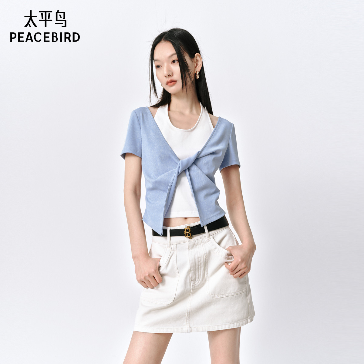 太平鸟假两件扭结T恤女短袖秋新品设计感修身短款针织衫气质