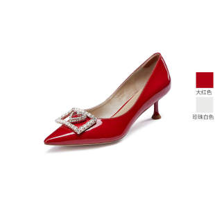 蹀愫新中式晚宴新娘公主方钻扣尖头高跟婚鞋红色单鞋TA32519-81