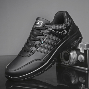 新款鳄鱼黑色真皮白色运动男士气垫鞋防水波鞋跑步健步中年族游鞋