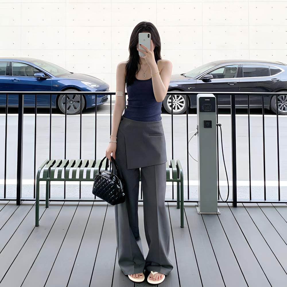 窄版阔腿裤小众修身显瘦高腰直筒西装裤假两件女小个子休闲拖地裤