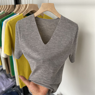 100超细纯羊毛V领针织短袖女春夏季精纺美丽诺修身薄款打底衫上衣
