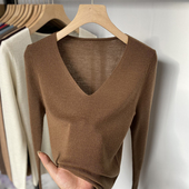修身 薄款 V领超细美丽诺打底衫 100纯羊毛内搭针织上衣秋冬季 女长袖