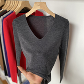 长袖 紧身薄款 内搭毛衣 女春秋冬打底修身 100美丽诺纯羊毛V领针织衫