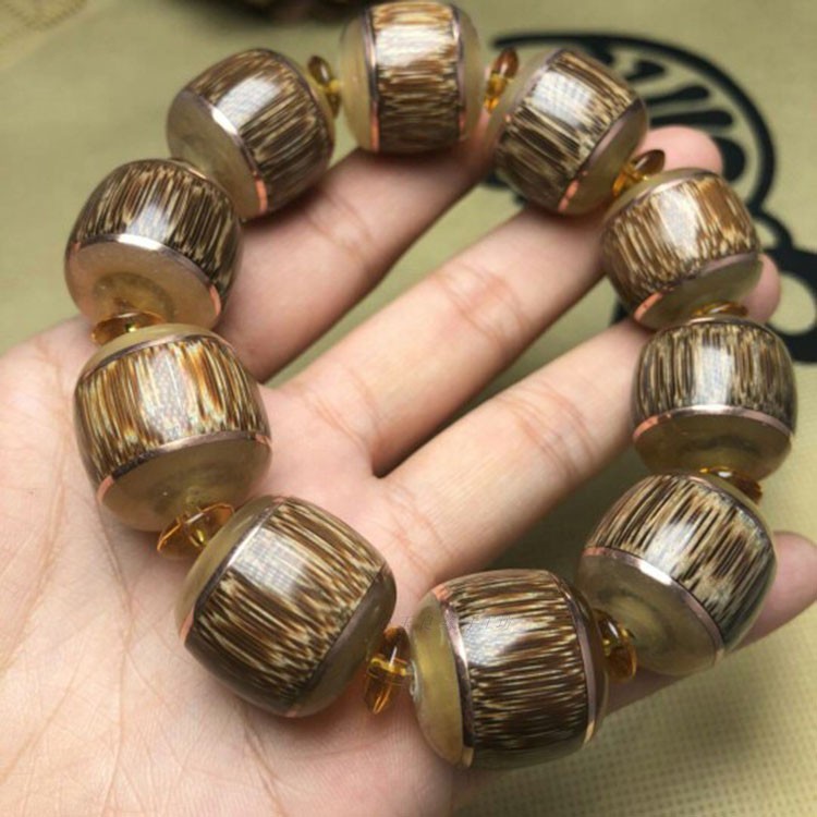 天然龙血金丝竹镶嵌羊角20mm桶珠佛珠手串男正宗棕竹满金星手链
