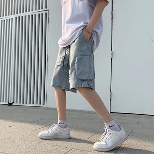 日系薄款破洞牛仔短裤男港风ins潮牌复古宽松直筒学生工装五分裤