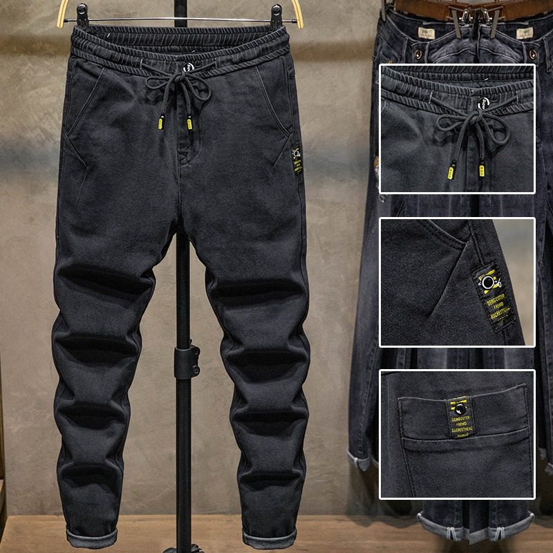 黑色系绳松紧腰百搭显瘦长裤美式简约耐磨潮流修身小脚牛仔裤男,男装,牛仔裤,淘宝优惠券,粉丝福利购,淘宝优惠卷