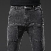 牛仔裤 男多口袋水洗休闲长裤 春季 做旧耐磨直筒裤 新品 六兜弹力男士